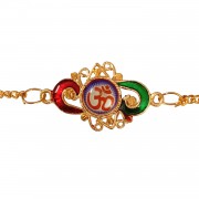 Gold Plated Om Peacock Color Rakhi With Box